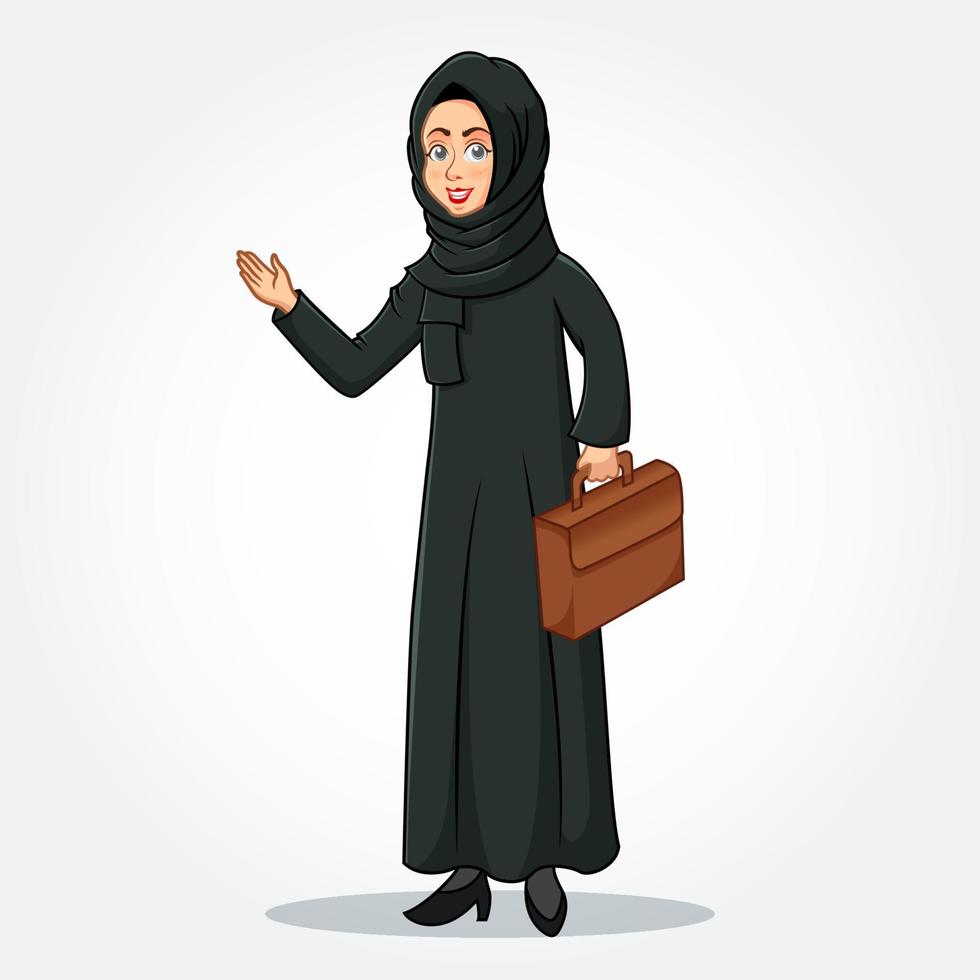 arabische geschäftsfrau zeichentrickfigur in traditioneller kleidung, die eine aktentasche mit einladenden händen hält vektor