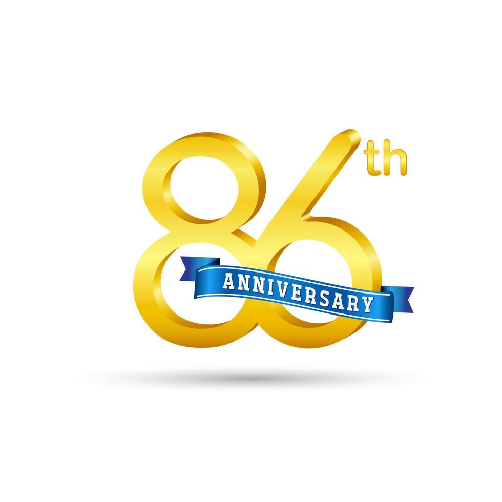 86: e gyllene årsdag logotyp med blå band isolerat på vit bakgrund. 3d guld årsdag logotyp vektor