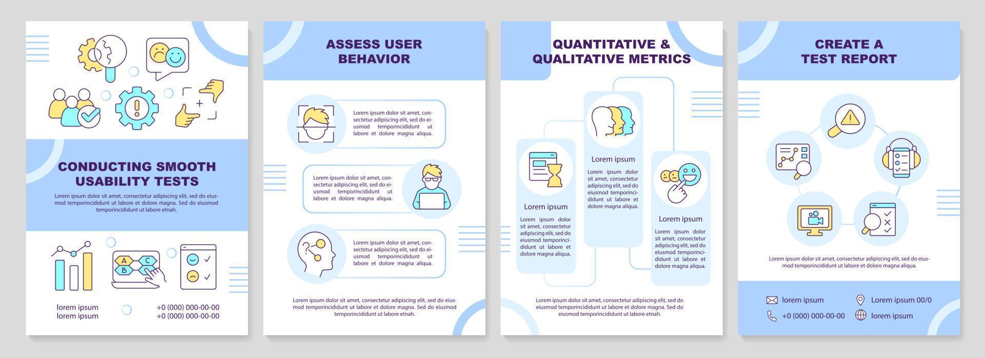 Durchführung reibungsloser Usability-Tests Blaue Broschürenvorlage. ux. Broschürendesign mit linearen Symbolen. editierbare 4 Vektorlayouts für Präsentationen, Jahresberichte vektor