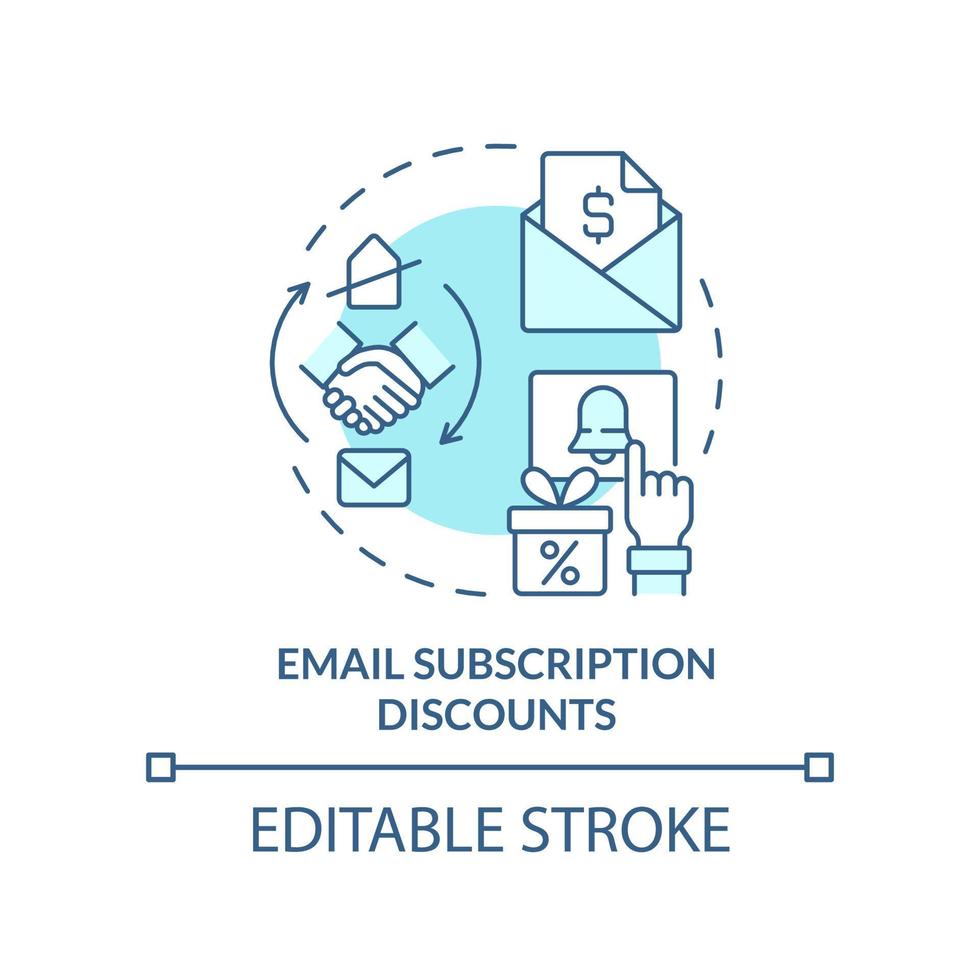 e-post prenumeration rabatter turkos begrepp ikon. få leder. bonusar typ abstrakt aning tunn linje illustration. isolerat översikt teckning. redigerbar stroke vektor