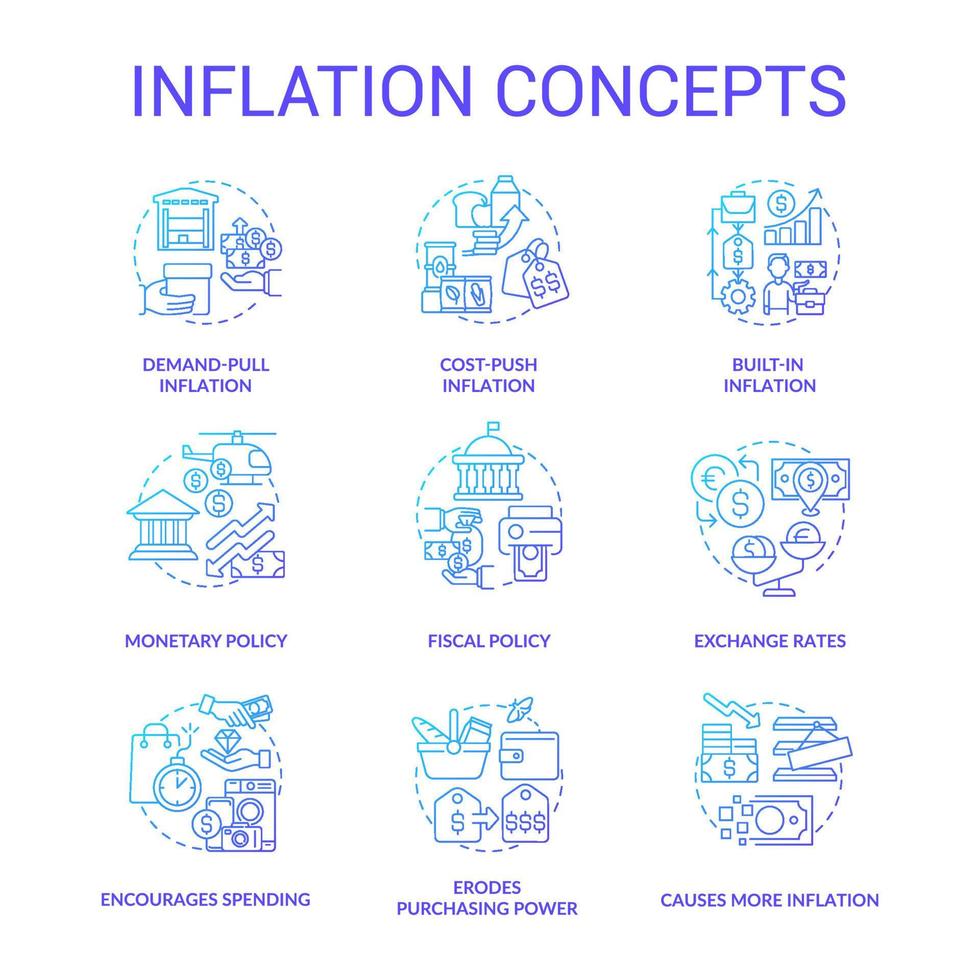 inflation blå lutning begrepp ikoner uppsättning. typer och orsaker. ökande priser. köp av kraft aning tunn linje Färg illustrationer. isolerat symboler vektor