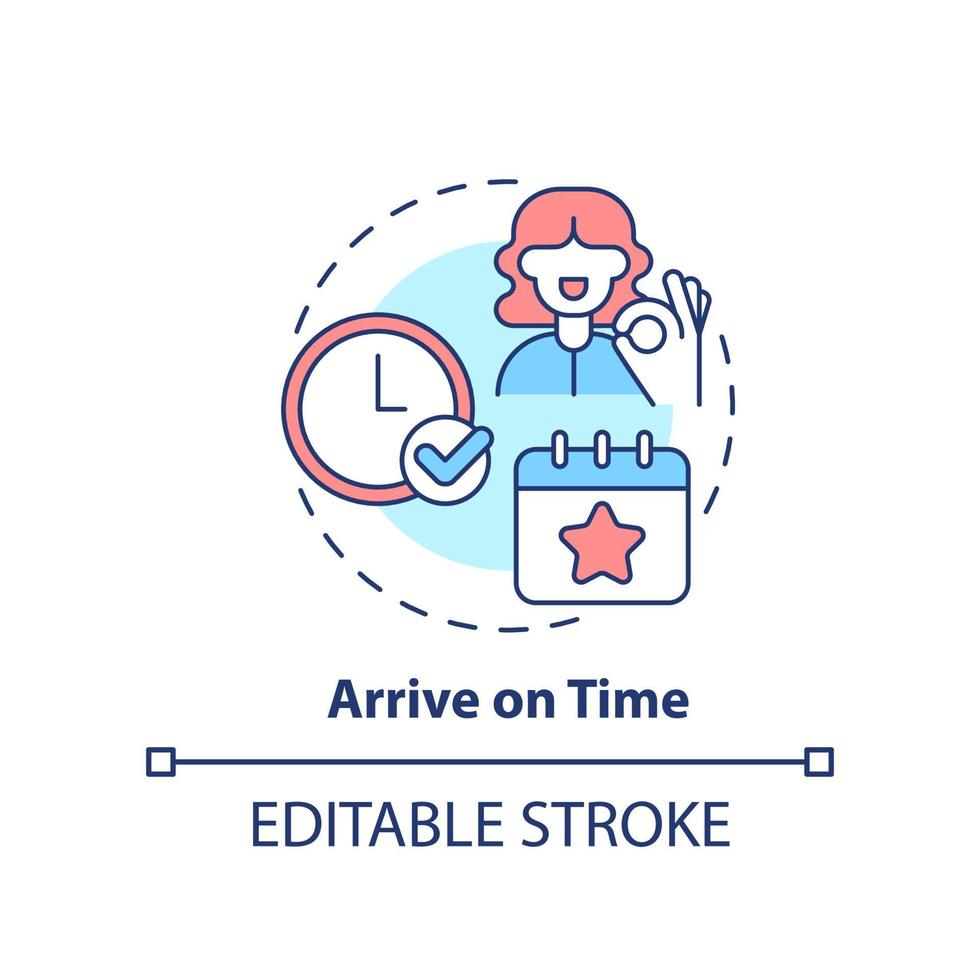 anlända på tid begrepp ikon. allmänning företag händelse etikett regel abstrakt aning tunn linje illustration. isolerat översikt teckning. redigerbar stroke vektor