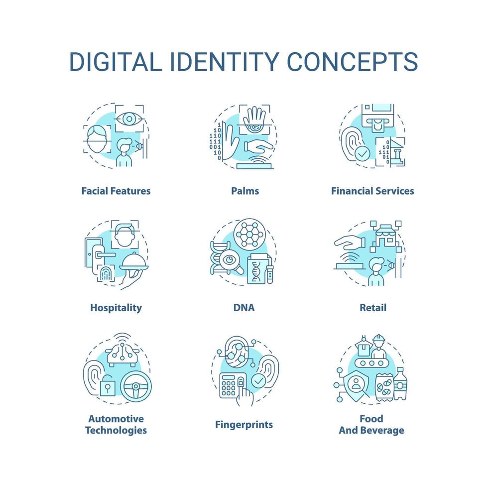 digitale identitätstürkis-konzeptikonen eingestellt. biometrische technologie idee dünne linie farbillustrationen. persönliche Informationen. isolierte Symbole. editierbarer Strich vektor