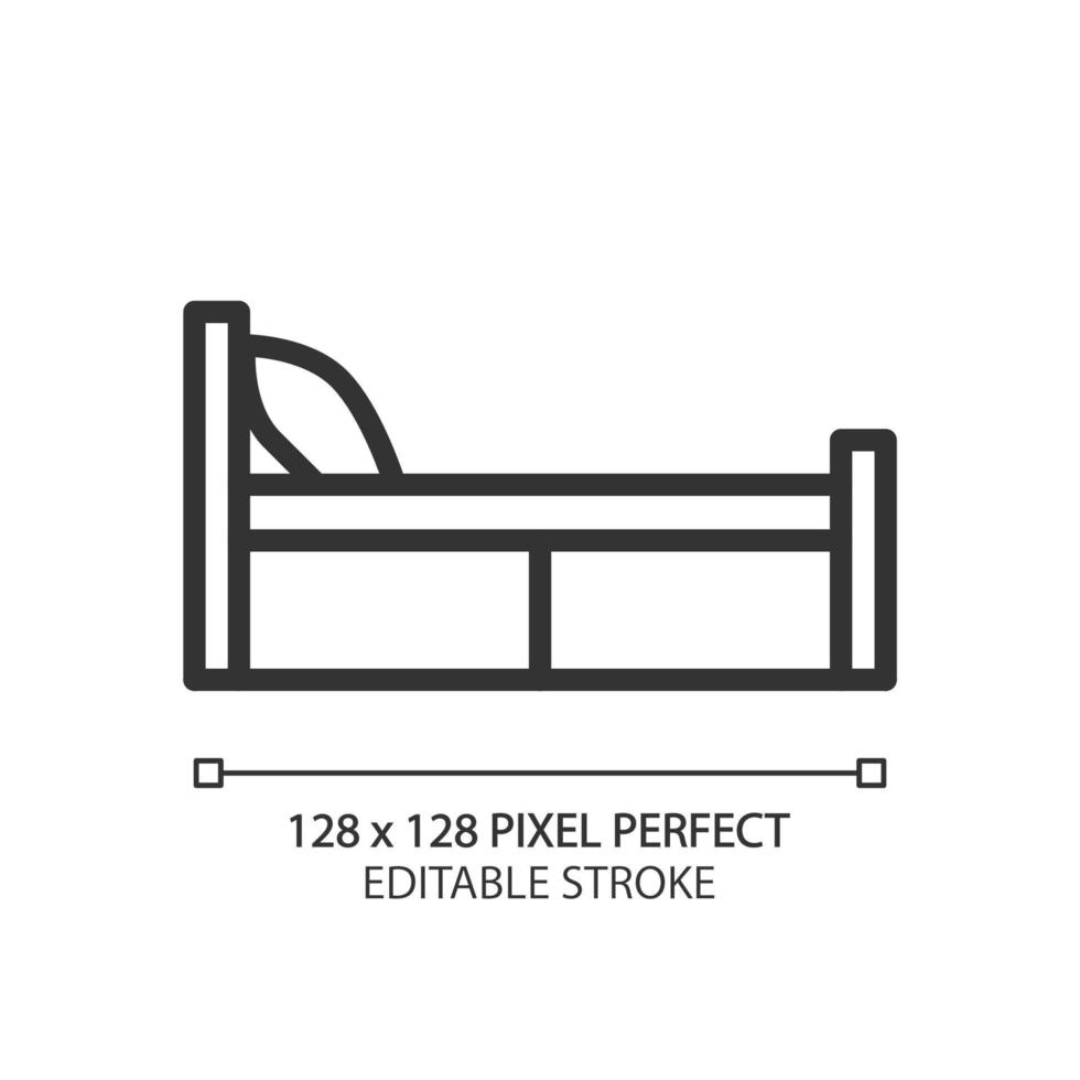 Einzelbett Pixel perfektes lineares Symbol. Bettgestell für Solo-Schläfer. schlafzimmer einrichtung. Möbelhaus für modernes Wohnen. dünne Liniendarstellung. Kontursymbol. Vektorumrisszeichnung. editierbarer Strich vektor