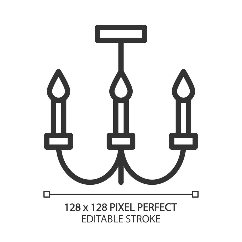 Kronleuchter Pixel perfektes lineares Symbol. Deckenleuchte für Esszimmer. modernes zeitgenössisches Wohnmöbelgeschäft. dünne Liniendarstellung. Kontursymbol. Vektorumrisszeichnung. editierbarer Strich vektor