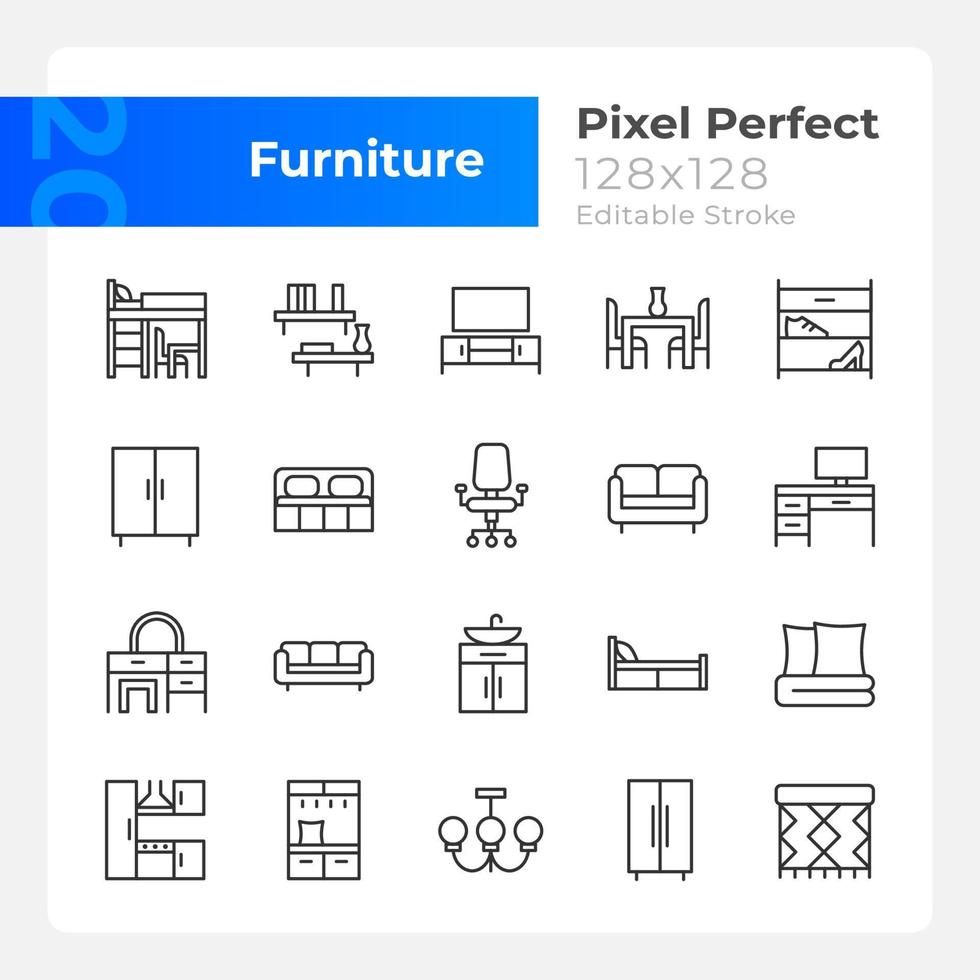 möbel avdelning pixel perfekt linjär ikoner uppsättning. möblering för levande rum, sovrum. hemartiklar för lägenhet. anpassningsbar tunn linje symboler. isolerat vektor översikt illustrationer. redigerbar stroke