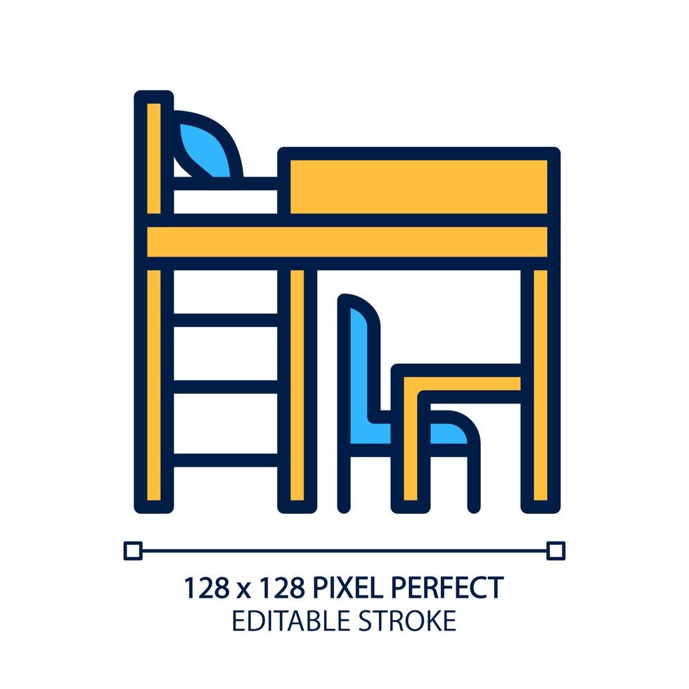 Hochbett Pixel perfektes RGB-Farbsymbol. Etagenbett für kleines Schlafzimmer. moderne zeitgenössische Möbel. Haushaltswarengeschäft. Kinderzimmer. isolierte Vektorillustration. einfache gefüllte Strichzeichnung. editierbarer Strich vektor