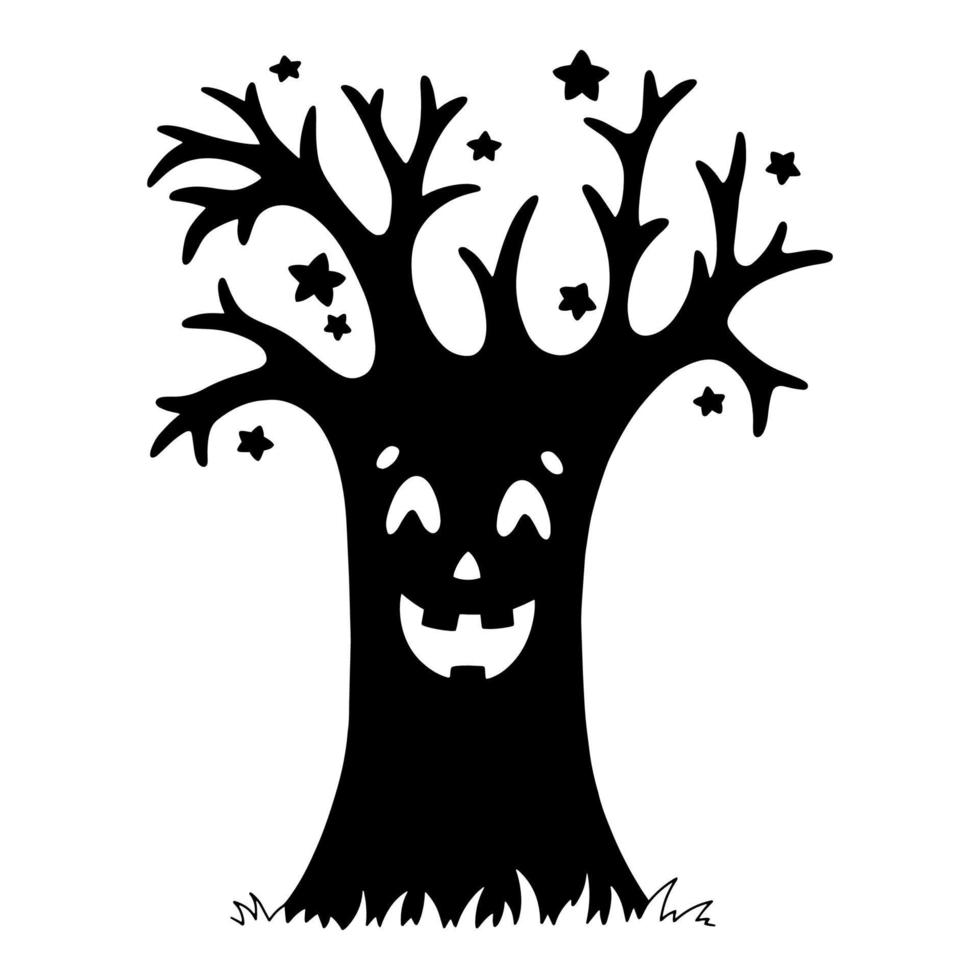 svart silhuett träd. design element. halloween tema. vektor illustration isolerat på vit bakgrund. mall för böcker, klistermärken, affischer, kort, kläder.