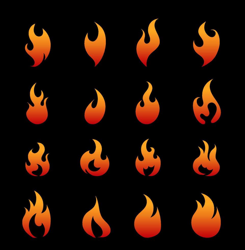 uppsättning av röd och orange brand flamma. samling av varm flammande element. aning av energi och kraft. isolerat vektor illustration i platt stil.