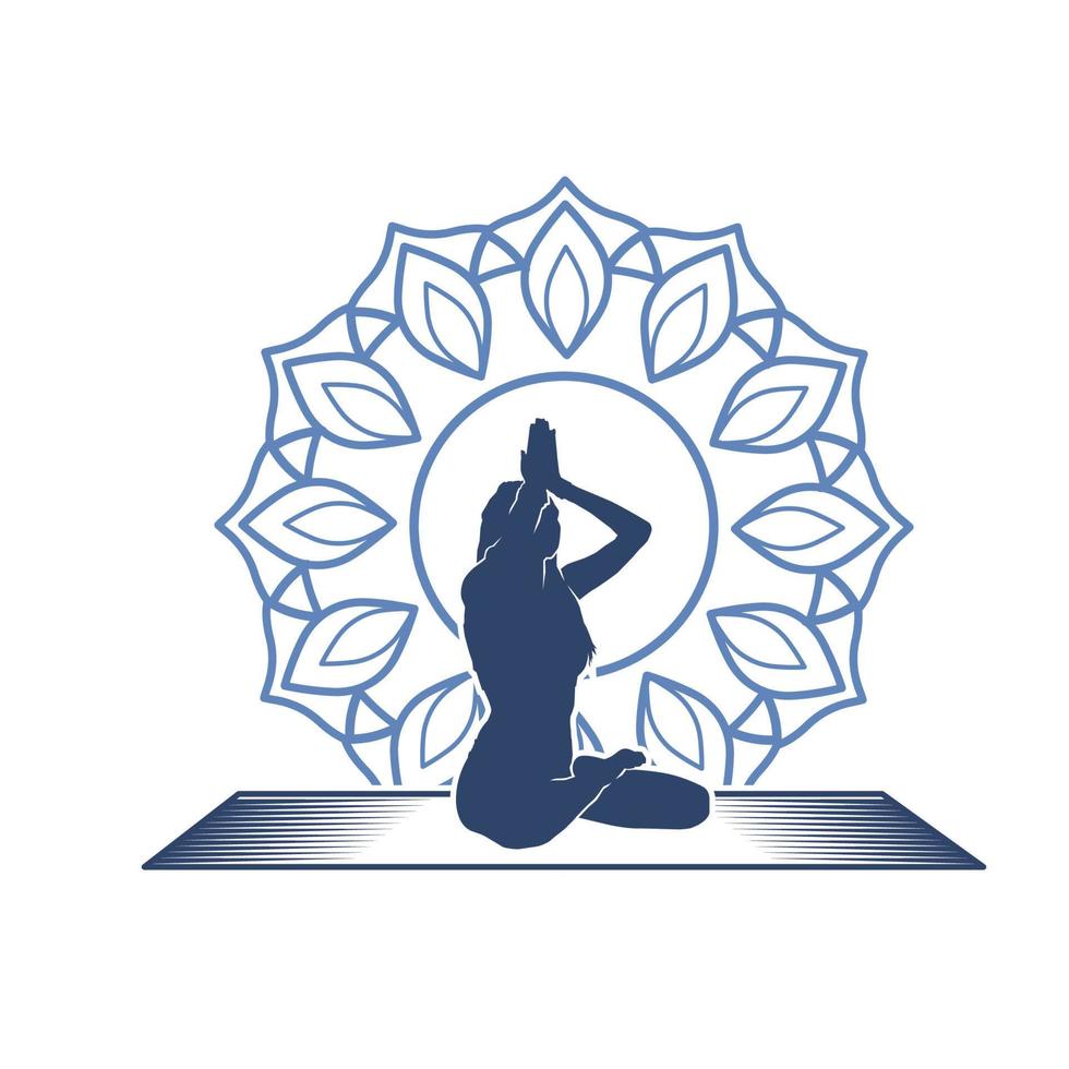 silhuett av en kvinna i en yoga utgör på enkel mandala bakgrund. vektor