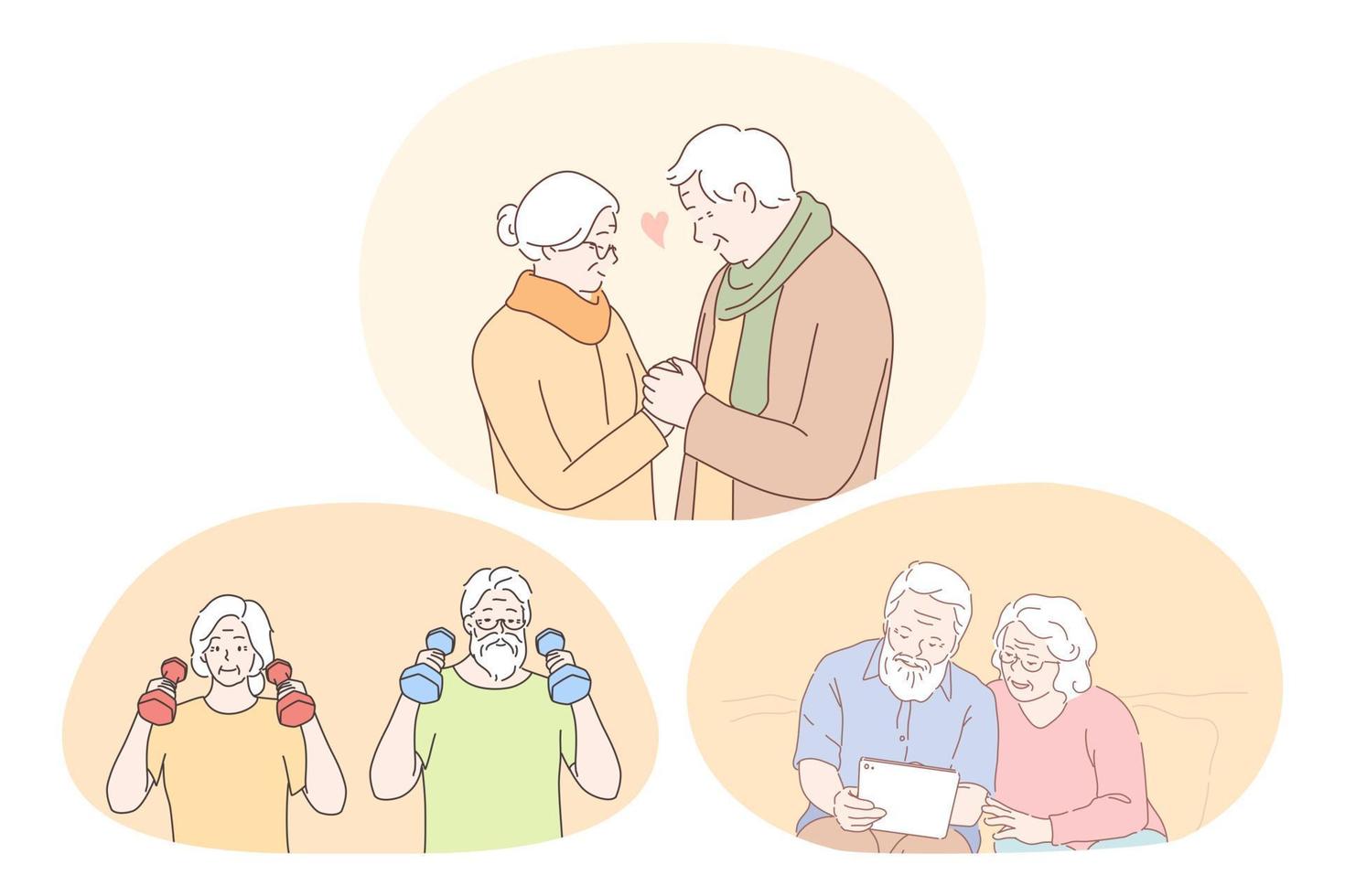 älteres älteres paar, das ein glückliches aktives lebensstilkonzept lebt. reifes gealtertes paar, das fitnesstraining macht, buch liest oder fotoalbum ansieht und zeit und liebe zusammen genießt vektor