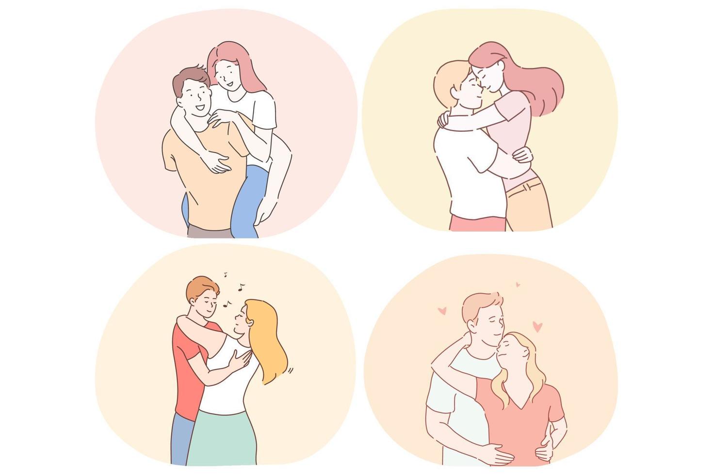 romantik, kärlek, dejta, relation, samhörighet begrepp. Lycklig ung kärleksfull par dejta, kramar, kärleksfull och njuter tid tillsammans under möten vektor illustration