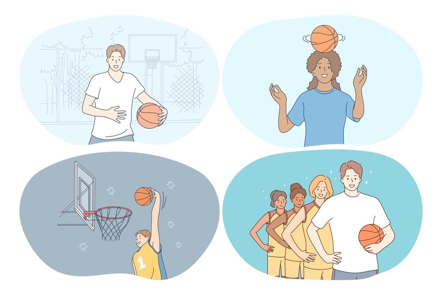 basketboll, sport, team konkurrens begrepp. ung flickor och Pojkar basketboll spelare Träning, Hoppar med slam dunka, Träning boll Kompetens och tävlande i mästerskap vektor illustration