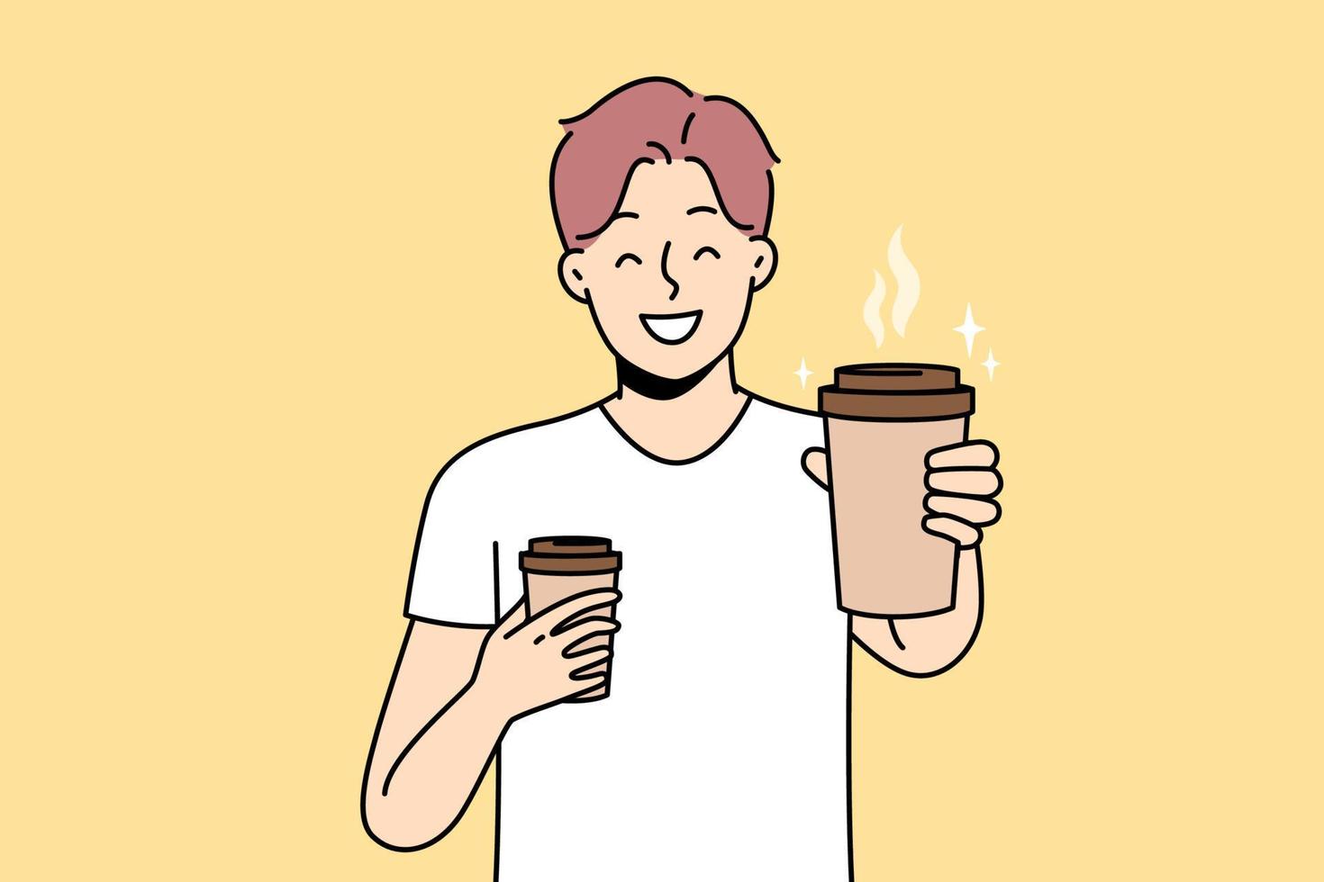 leende ung man med kaffe koppar i kopp erbjudande dryck till vän. Lycklig kille sträcka hand med hämtmat värma dryck till kamera. vektor illustration.