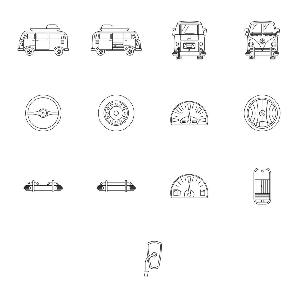 Set von Campingwagen-Symbolen im flachen Silhouettenlinienstil. Reise-SUV-, Pickup-, LKW- und Anhänger-Symbole. Transport-Vektor-Lager-Illustration. vektor