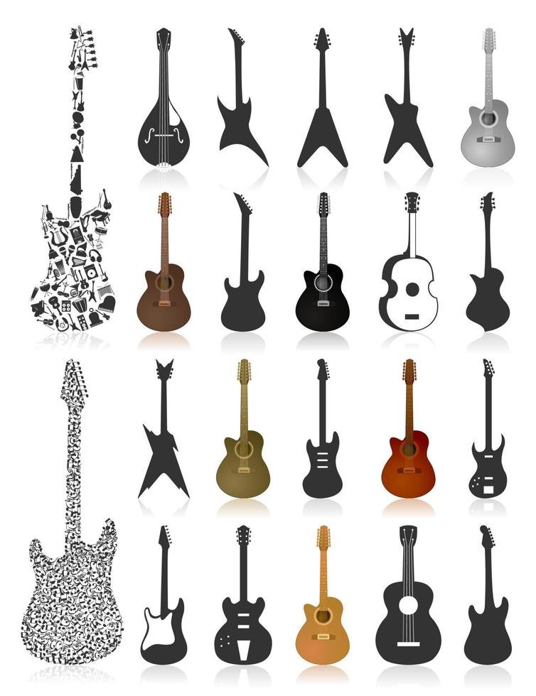 Ikonen einer akustischen Gitarre in sechs Farben. eine vektorabbildung vektor
