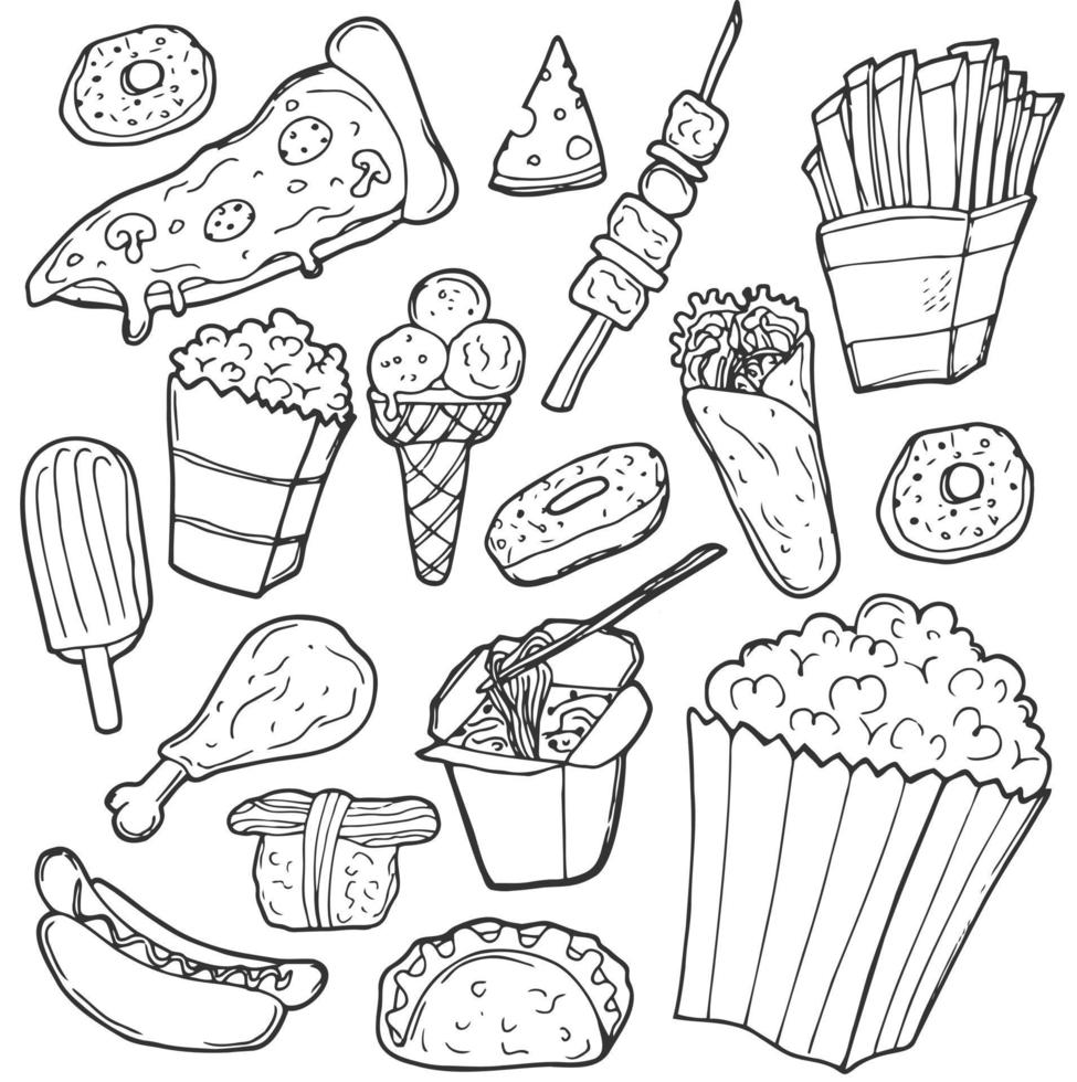 Fast-Food-Doodle. Symbole von Hand gezeichnet. Vektor-Cliparts. Skizzieren Sie berühmtes Essen. Speisekarte. vektor