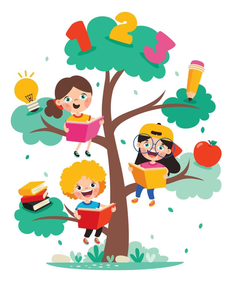 utbildning träd med tecknad serie barn vektor