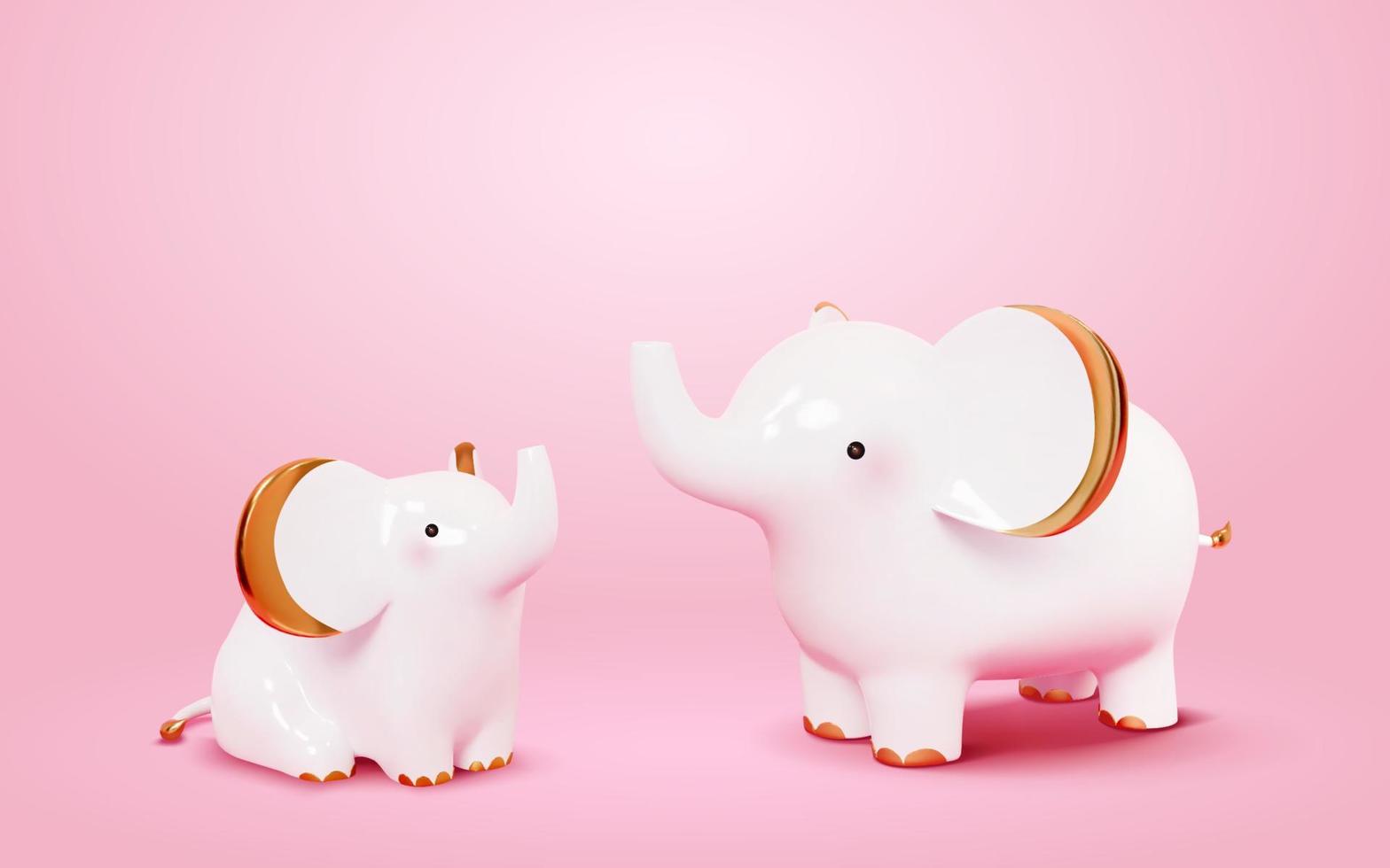 söt elefant figurer. 3d illustration av två vit elefanter höjning deras trunkar med guld öron, tassar, och svansar. dekorationer tillverkad av porslin vektor