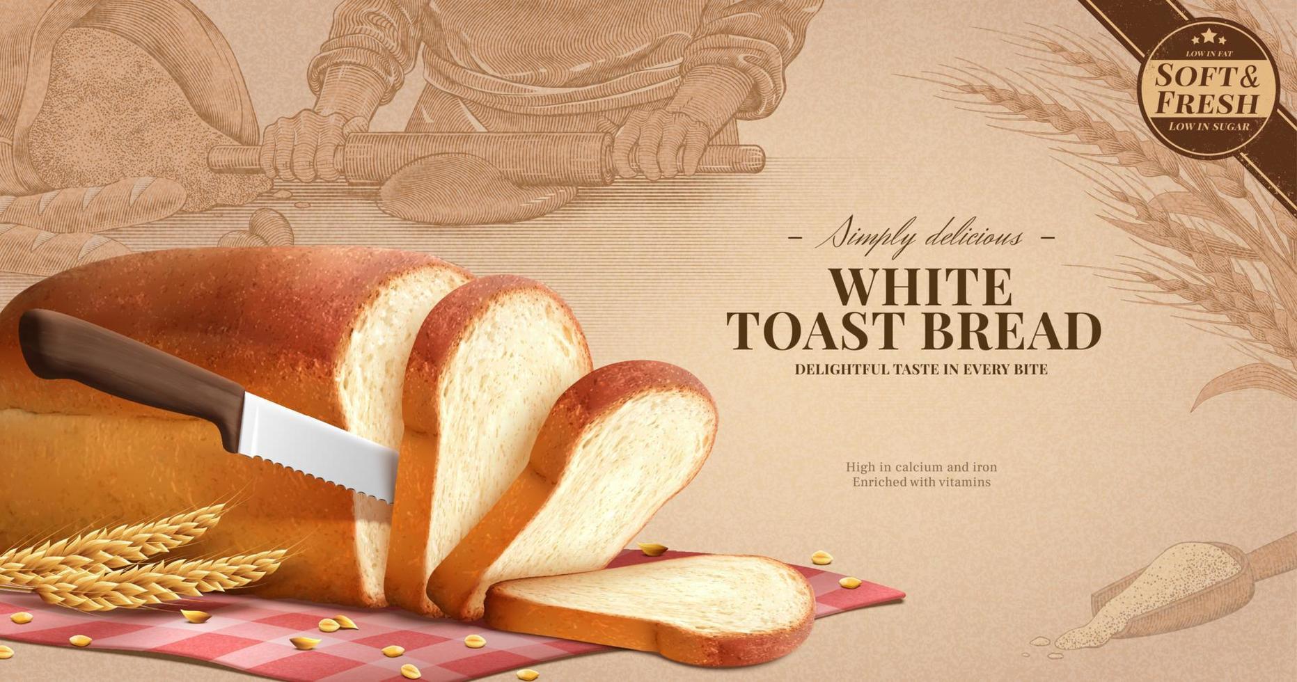 vit rostat bröd bröd annons. 3d illustration av en realistisk limpa av vit bröd skivad med en bröd kniv på pläd röd gingham bordsduk på graverat bakgrund av bröd framställning scen vektor