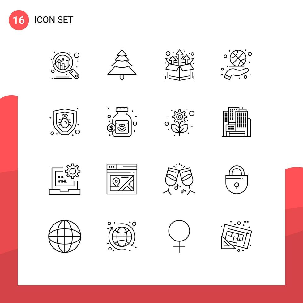 Packung mit 16 modernen Umrisszeichen und Symbolen für Web-Printmedien wie Sicherheitsfehler-Produktsport handbearbeitbare Vektordesign-Elemente vektor