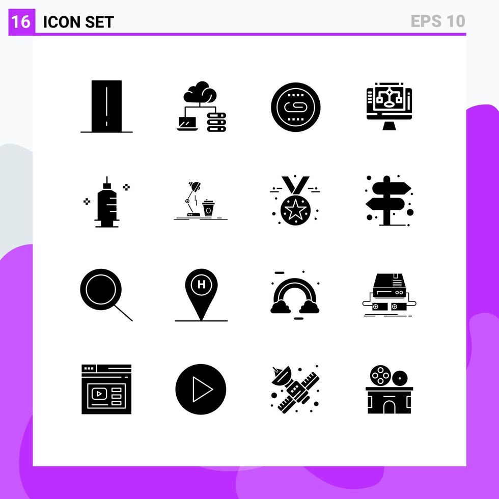 Packung mit 16 modernen Solid-Glyphen-Zeichen und Symbolen für Web-Printmedien wie Chemie-Server-Engine-Share-Suche editierbare Vektordesign-Elemente vektor