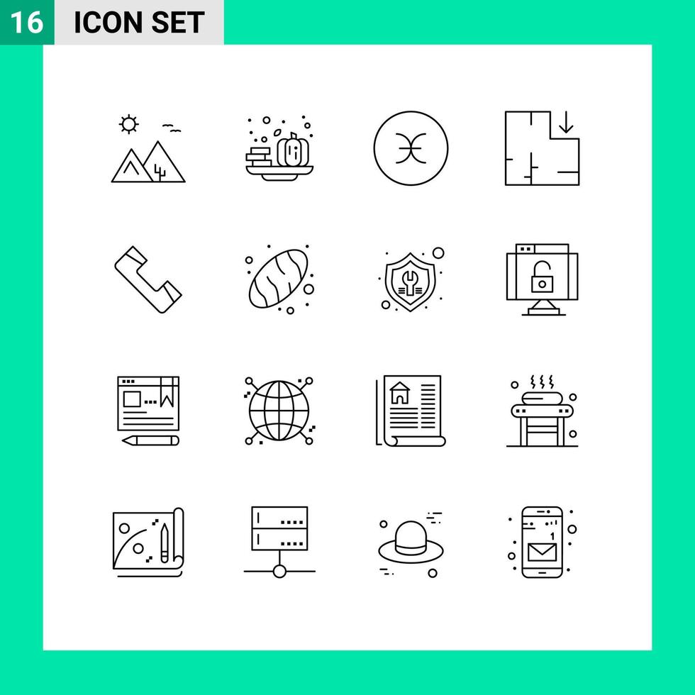 grupp av 16 konturer tecken och symboler för Kontakt schema vegetabiliska planen symboler redigerbar vektor design element