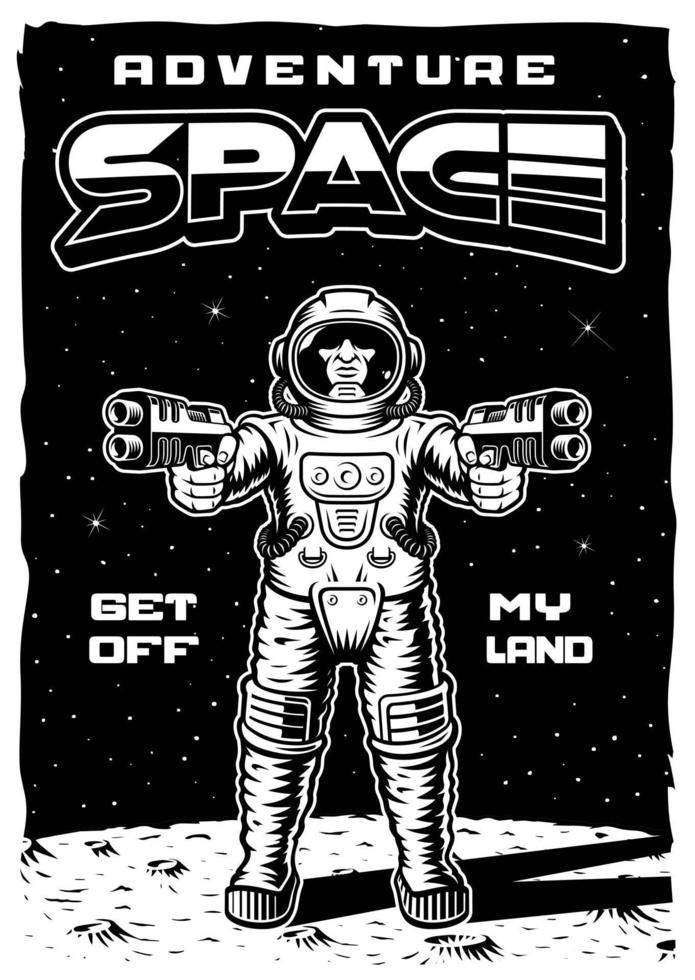 Weltraumposter im Vintage-Stil mit Illustration Astronaut mit Waffen. vektor