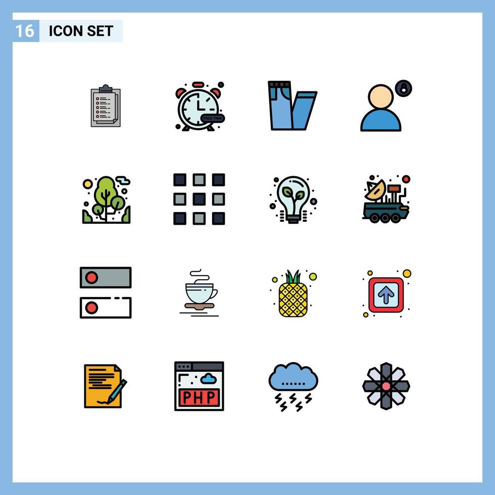 16 thematische Vektor-Flachfarben gefüllte Linien und editierbare Symbole von Baumprofil Mode Datenschutzvorhängeschloss editierbare kreative Vektordesign-Elemente vektor