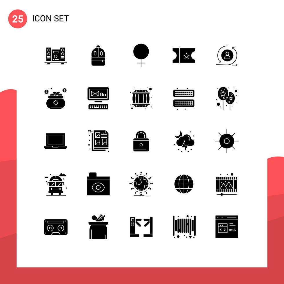 grupp av 25 fast glyfer tecken och symboler för försäkring återvändande besökare kvinna besökare biljett redigerbar vektor design element