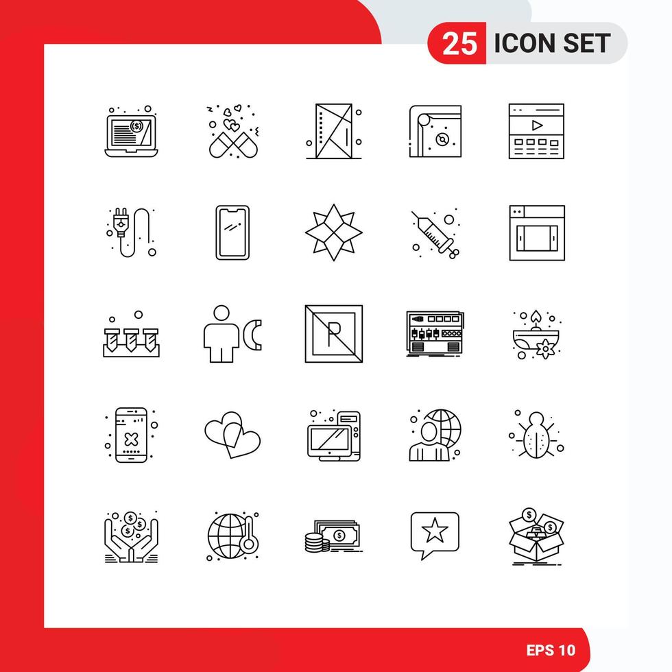 25 Benutzeroberflächen-Linienpaket mit modernen Zeichen und Symbolen der Kommunikationsspielkonsole, Spaßschild, editierbare Vektordesign-Elemente vektor