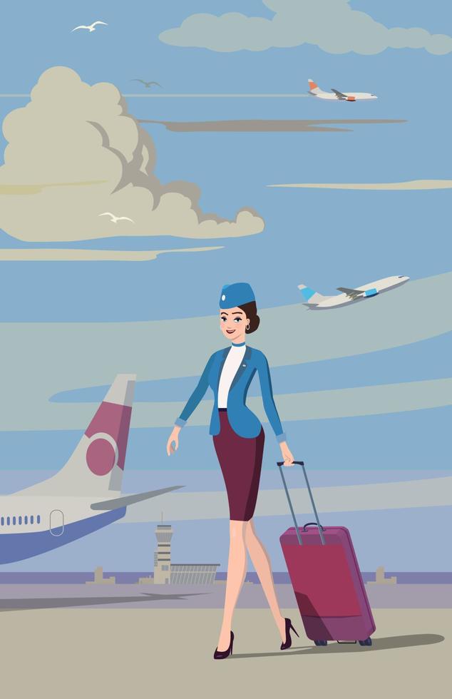 Stewardess mit einer Tasche auf dem Hintergrund des Flugzeugs und des Flughafens. Vektor. vektor