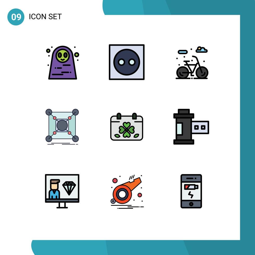 Packung mit 9 modernen Filledline-Flachfarbzeichen und -symbolen für Web-Printmedien wie Kalenderdaten-Steckverbindung Basis editierbare Vektordesign-Elemente vektor