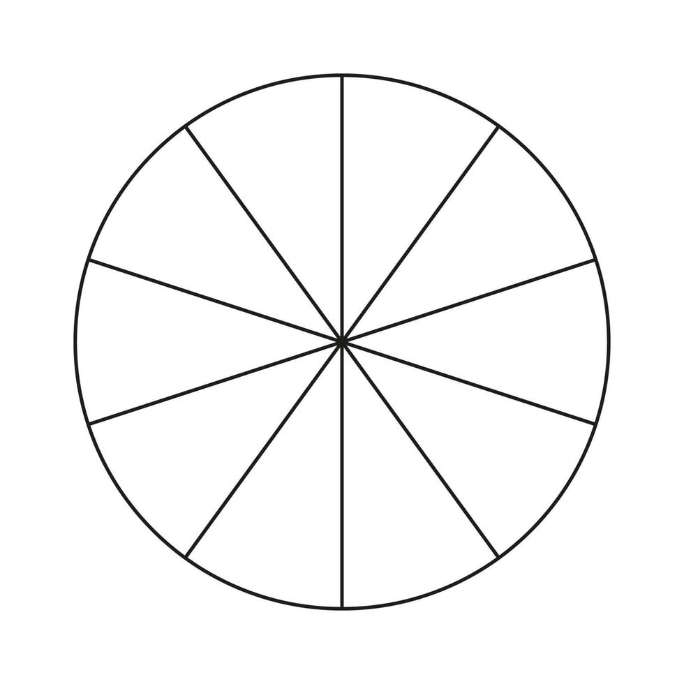 cirkel dividerat i 10 segment. pizza eller paj runda form skära i likvärdig skivor. översikt stil. enkel Diagram. vektor