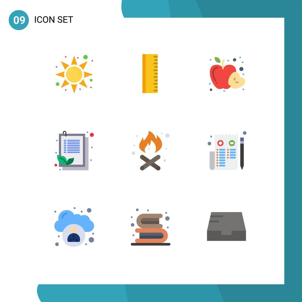 moderner Satz von 9 flachen Farben und Symbolen wie Browser-Feuerfrucht-Campingliste editierbare Vektordesign-Elemente vektor