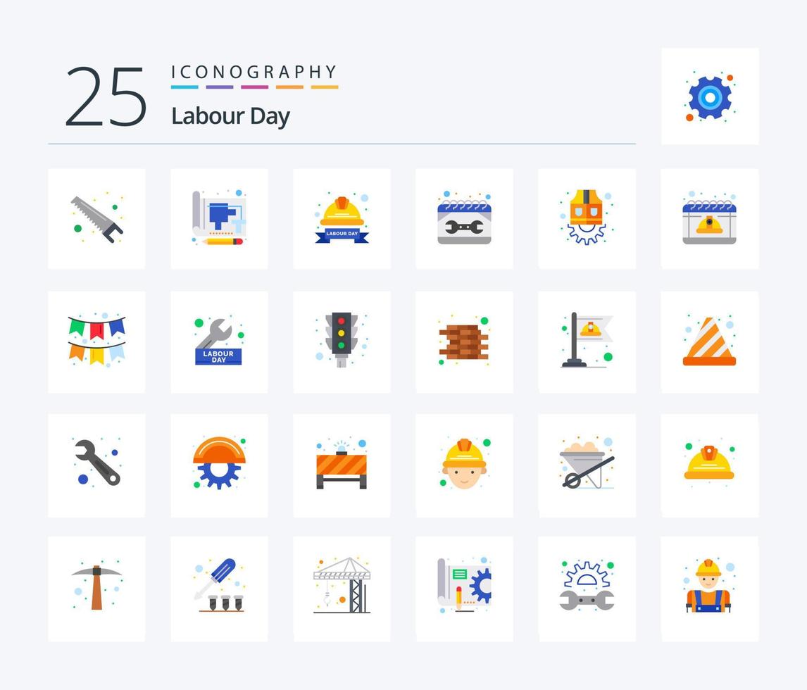 Labor Day 25 Flat Color Icon Pack inklusive Reparatur. Konstruktion. drucken. Kalender. Helm vektor