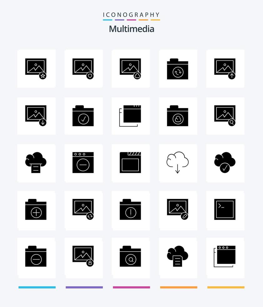 Creative Multimedia 25 Glyph Solid Black Icon Pack wie ausgewählt. Komplett. synchronisieren. Berg. herunterladen vektor