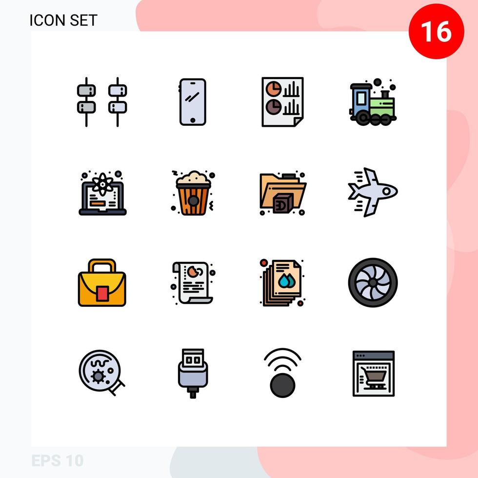 mobil gränssnitt platt Färg fylld linje uppsättning av 16 piktogram av dator tåg analys leksak Rapportera redigerbar kreativ vektor design element