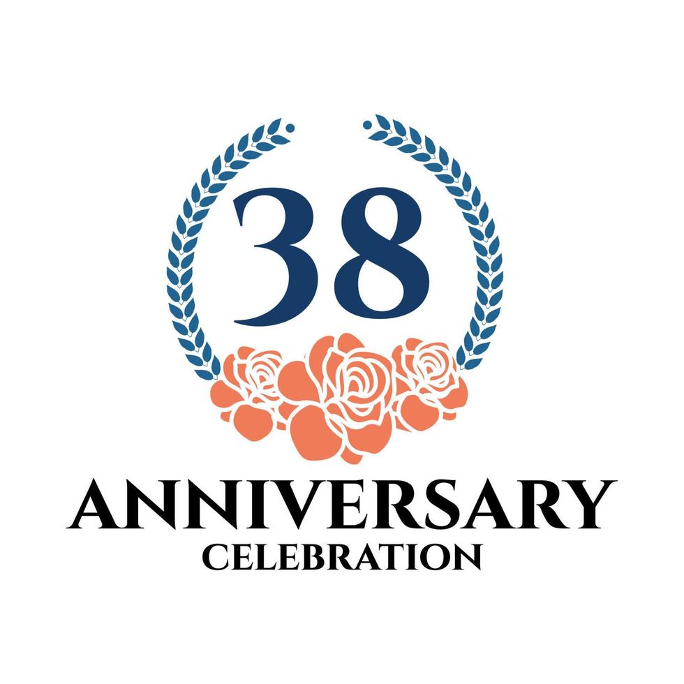 38: e årsdag logotyp med reste sig och laurel krans, vektor mall för födelsedag firande.