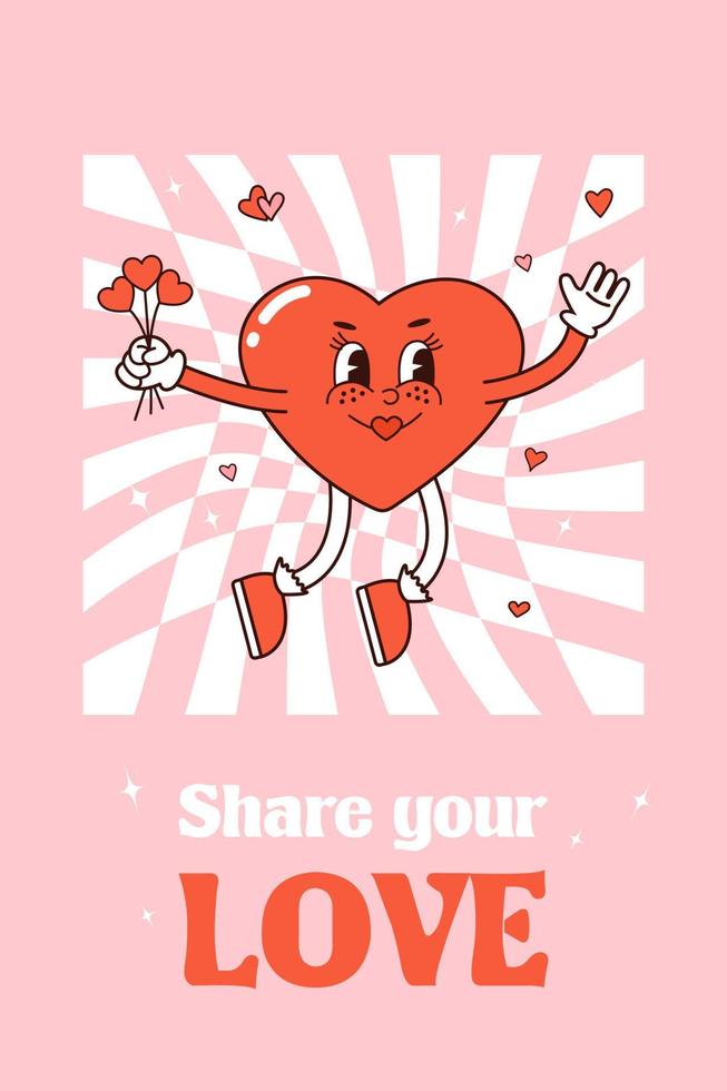 retro groovige reizende Herzplakate. Liebeskonzept. Happy Valentines Day Grußkarte im trendigen Retro-60er-70er-Cartoon-Stil. vektorillustration in den rosaroten farben. grooviges Herz. Karte, Postkarte, Druck vektor