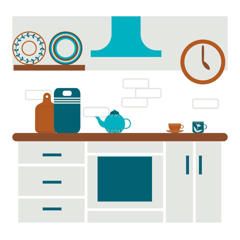 kücheneinrichtung im flachen stil mit möbeln. blaue und braune Farben. Stock-Vektor-Illustration, Folge 10. vektor