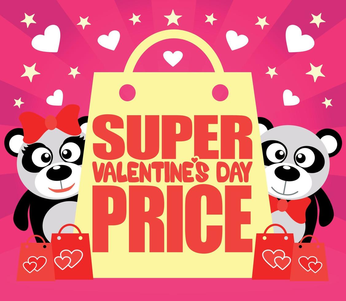 super hjärtans dag pris kort med pandor vektor