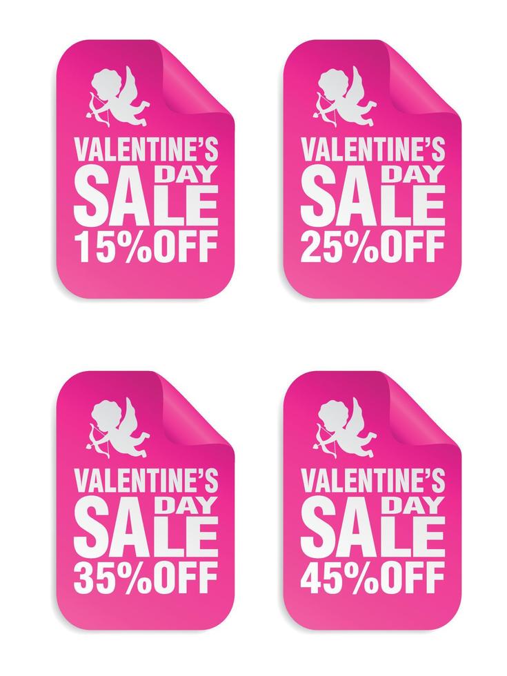 valentines dag försäljning rosa klistermärken uppsättning med cupid ikon. försäljning 15, 25, 35, 45 procent av vektor