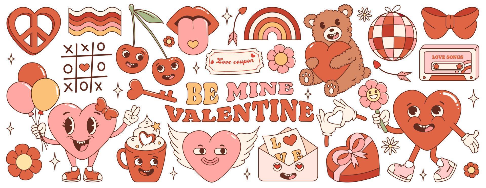 tolles Hippie-Liebes-Sticker-Set. retro glücklicher valentinstag. Comic Happy Heart Charakter im trendigen Retro-60er-70er-Cartoon-Stil. Retro-Charaktere und Elemente. vektor