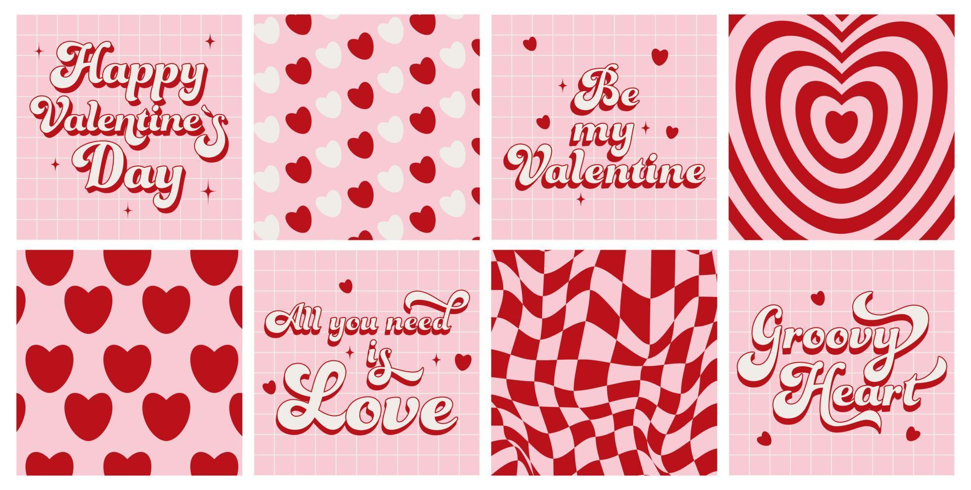 set groovy schöne karten, poster, hintergrundbilder, muster. trendiger Liebesslogan. Liebeskonzept. fröhlichen Valentinstag. trendiger Retro-60er-70er-Cartoon-Stil. rosa, rote, weiße Farben. vektor