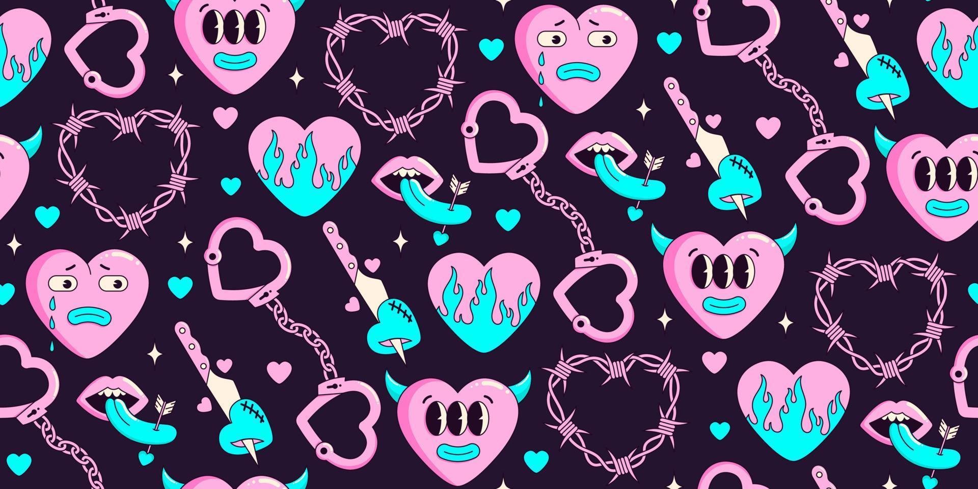 y2k nahtloses neonmuster von lustigen karikaturherzen und -elementen. im psychedelisch-schrägen Stil. Vektor handgezeichneten Hintergrund. trendiger Neon-Stil der 2000er Jahre. Anti-Valentinstag-Empfängnis. rosa, blaue farbe.
