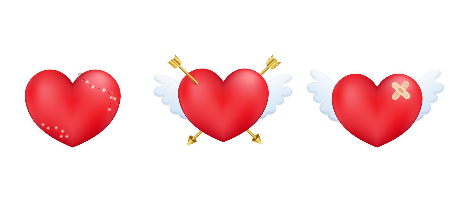 Satz von 3D-Herzen mit Amorpfeil und Flügel. valentinstag dekoratives element für hochzeitsliebeskarte, einladungshintergrund. Vektor-Illustration vektor