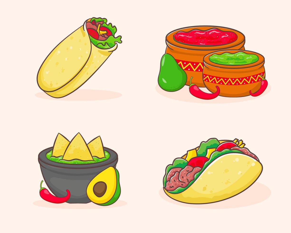 uppsättning mexikansk livsmedel. taco, burrito, guacamole, salsa sås, avokado, nachos. latin amerikan mat. mexikansk traditionell gata mat. mat begrepp design. platt tecknad serie stil. vektor konst illustration.