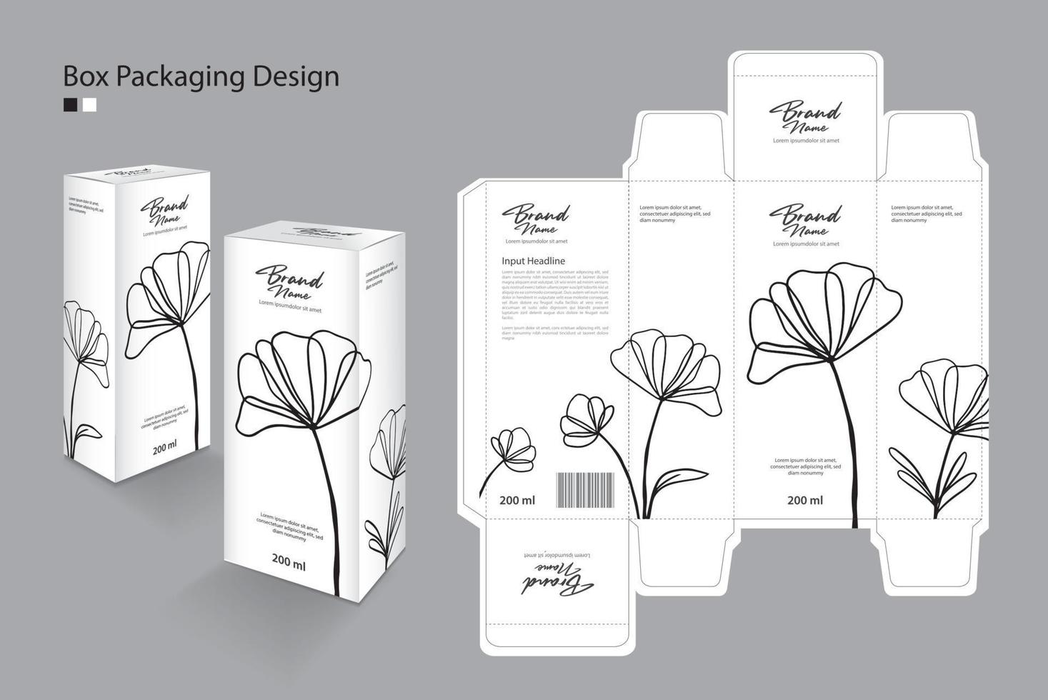 box, verpackungsdesignvorlage für kosmetik, ergänzung, spa, schönheit, lebensmittel, haare, haut, lotion, medizin, creme. Verpackungsdesign kreative Idee. boxen 3d, blumenkunstkonzept, schwarzer blumenlogovektor vektor