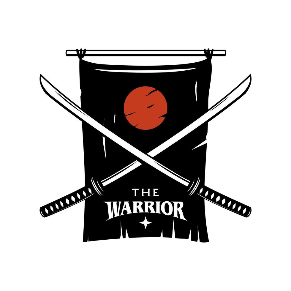 Logo-Design der Samurai-Akademieschule. zwei japanische katana-schwerter mit gekreuzten klingen und japanischer flagge - traditionelle samurai-kriegerwaffe schwarz-weiß-vektordesign-grafik. vektor